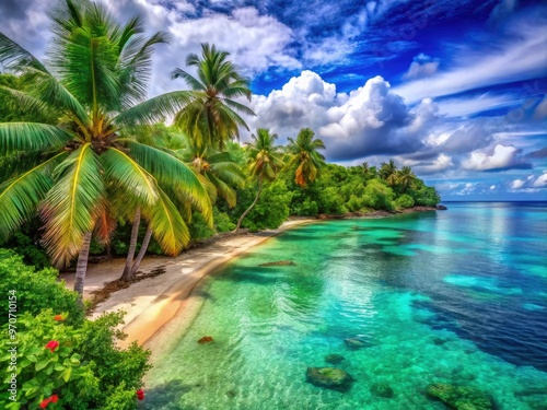 Tropical Oasis Paradise vibrant and colorful beach scenes with bright coral hues, turquoise waters, and lush greenery, capturing tranquility and relaxation, shot in HDR mode.