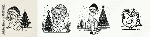 Festive illustrations of animals adorned with winter hats and surrounded by holiday scenery, perfect for seasonal designs.