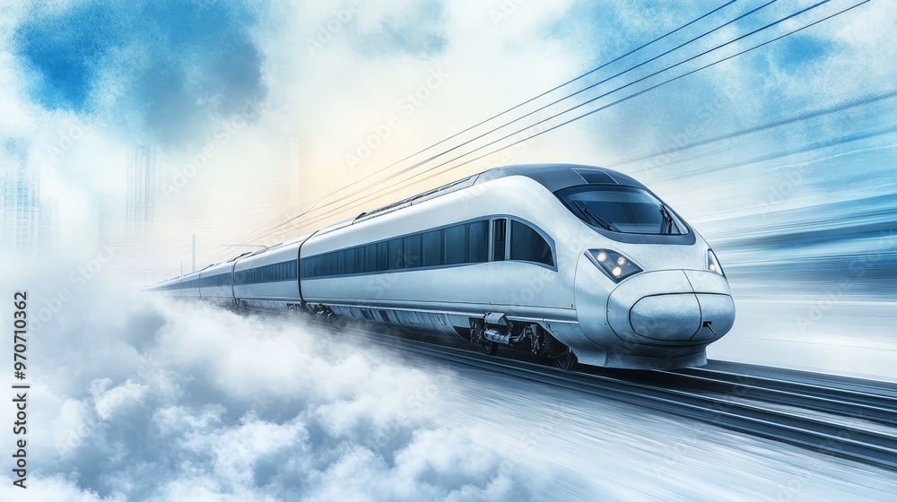 Fototapeta premium High Speed Train Through Clouds with Blurred City Skyline