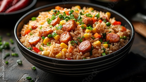 A bowl of sausage fried rice with corn, peas, carrots, and green onions.