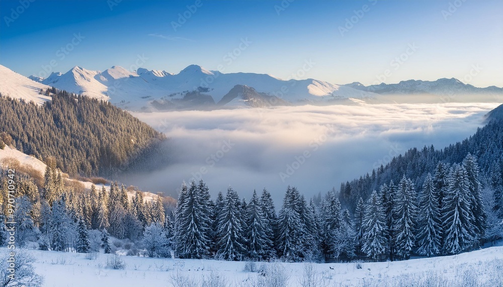 Winter morning fog over a snow-covered valley. Winter morning fog over a snow-covered valley.