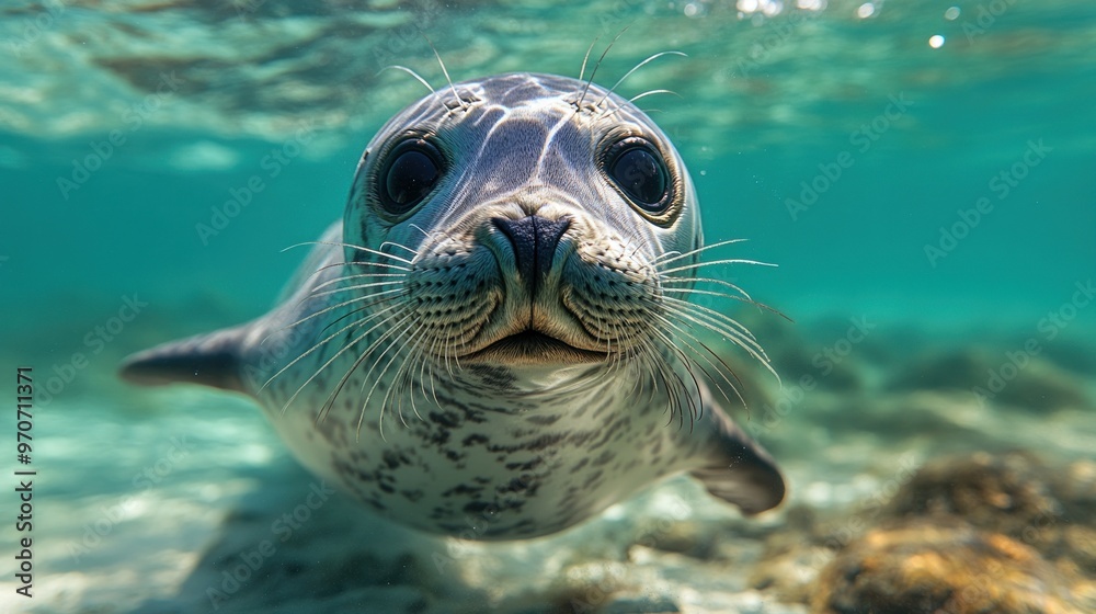 Fototapeta premium A curious seal swimming underwater, showcasing its playful nature.