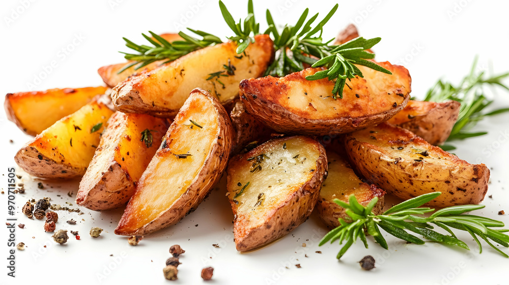 Golden Roasted Potato Wedges Photo - Seasoned with Herbs and Spices Golden Roasted Potato Wedges Photo - Seasoned with Herbs and Spices