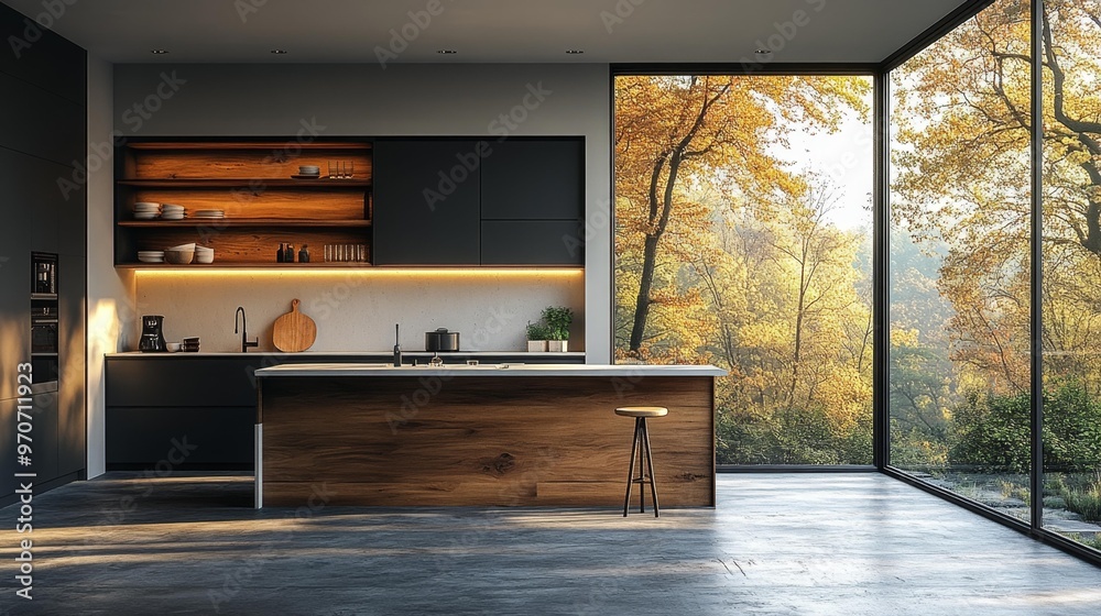 Fototapeta premium Modern Kitchen Interior with Large Windows Generative AI
