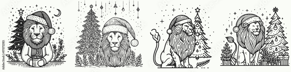 Festive lion illustrations capturing holiday spirit with Santa hats, trees, and cheerful expressions. Perfect for Christmas themes.