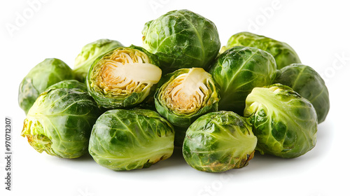 Photo of Fresh Brussels Sprouts, Whole and Halved, on White Background