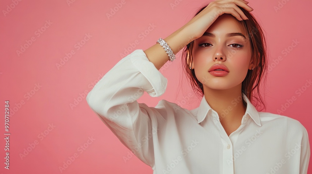 picture of a girl wearing a white shirt, touching her face, and holding a diamond bracelet against a pink background. picture of a girl wearing a white shirt, touching her face, and holding a diamond bracelet against a pink background.