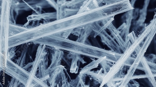 A close-up SEM image of needle-like crystals, revealing their intricate structure and sharp edges.