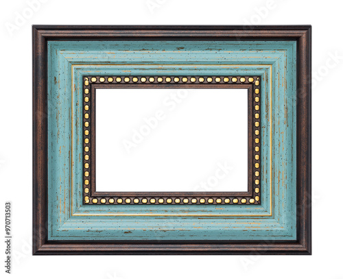 Turquoise blue and brown wooden picture frame with blank space, isolated on white background