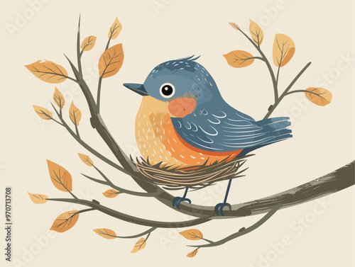 Minimalist Cartoon Illustration of a Bird with a Nest: A Refuge in the Natural Habitat