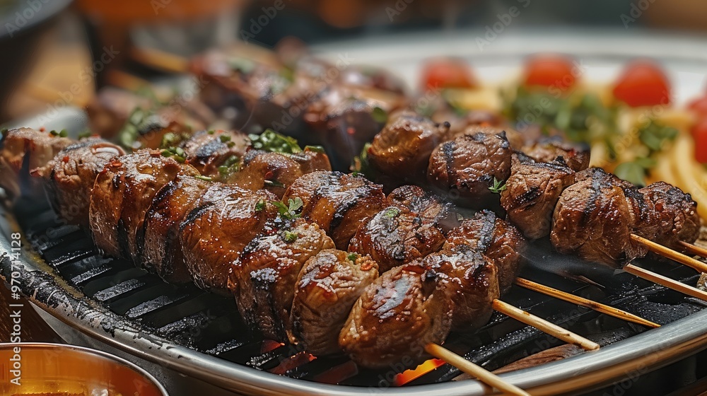 Lamb kebabs, restaurant, warm light. Generative AI. Lamb kebabs, restaurant, warm light. Generative AI.