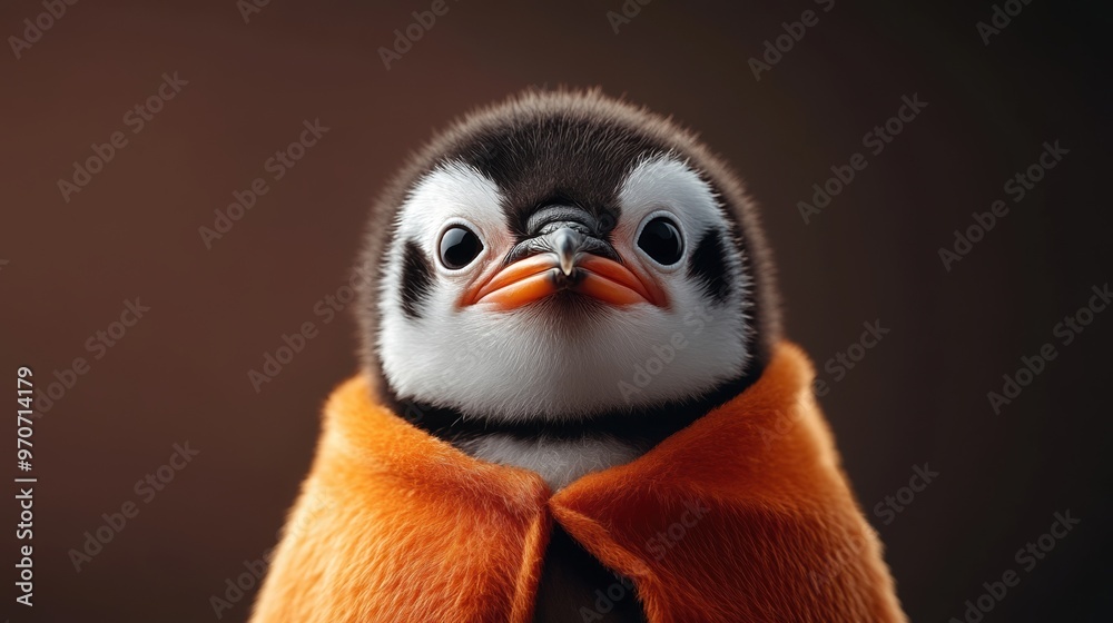 A cute penguin chick wearing an orange cape, featuring adorable facial expressions and soft feathers, perfect for nature lovers. A cute penguin chick wearing an orange cape, featuring adorable facial expressions and soft feathers, perfect for nature lovers.