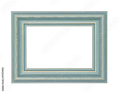 Empty turquoise blue vintage wooden frame with ornaments isolated on white background
