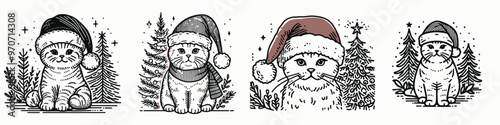 Four playful cats in festive hats surrounded by Christmas trees, capturing the spirit of holiday joy and charm.