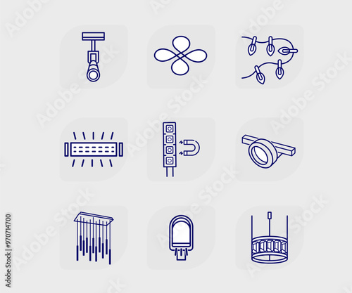 set of icons on the topic of chandeliers and electricity light