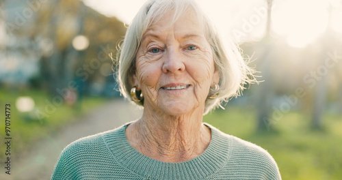 Tableau sur toile Elderly, woman and smile in portrait outdoor for morning walk, wellness and confidence in retirement