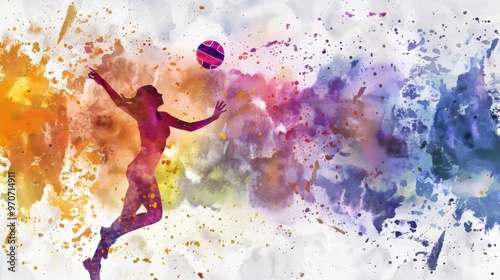 silhouette of a volleyball player woman in watercolor with splash colorful paint