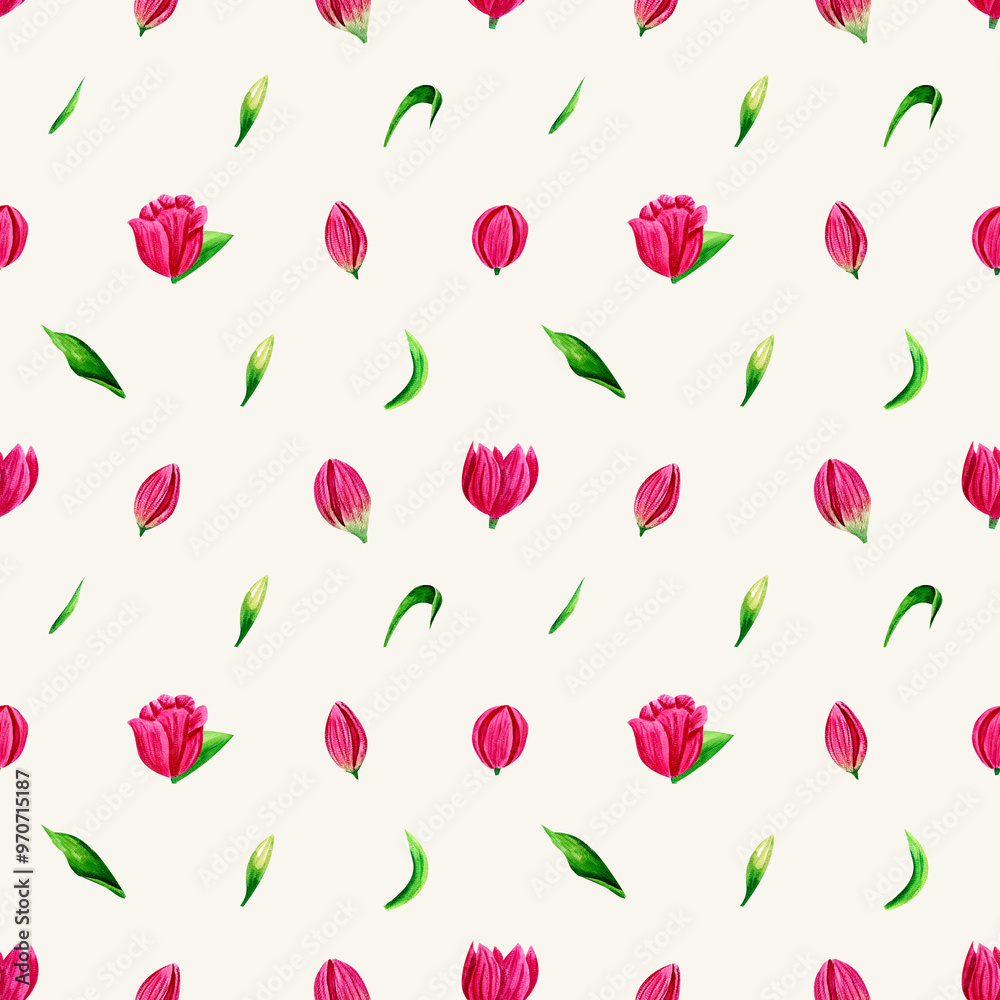 Flowers seamless pattern isolated on white. Pink tulip watercolor background. Floral design for wedding Flowers seamless pattern isolated on white. Pink tulip watercolor background. Floral design for wedding