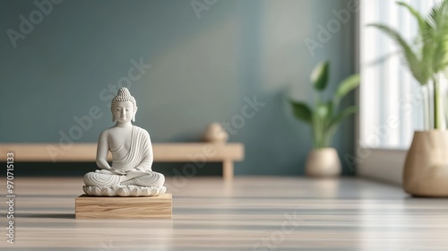 A serene Buddha statue sits on a wooden base, enhancing tranquility and harmony in a minimalist interior space. photo