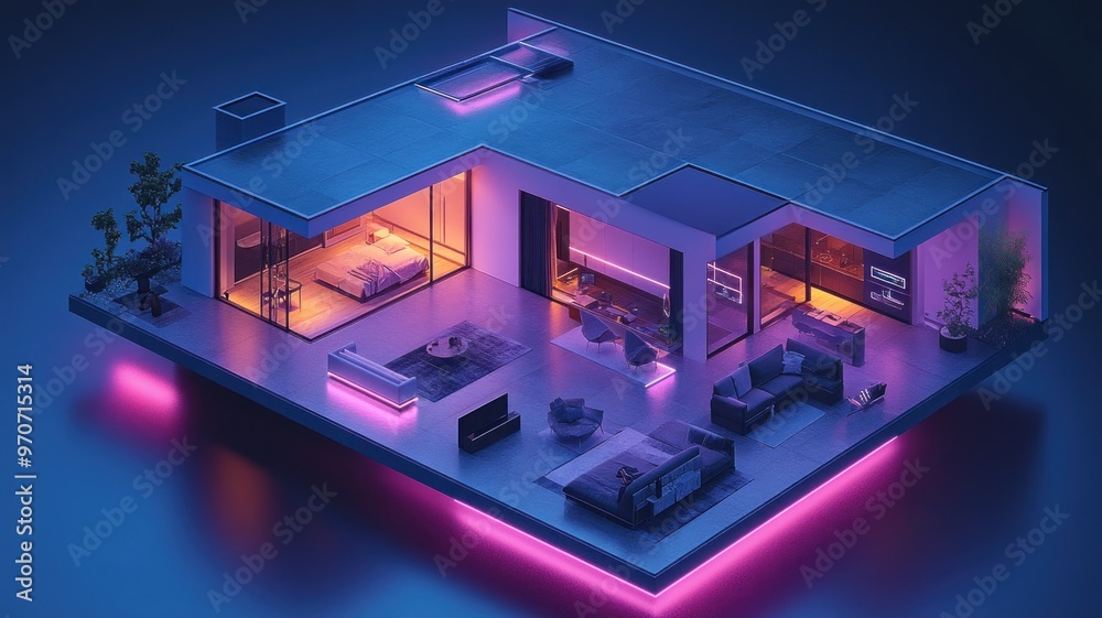 Futuristic home design with neon accents and modern furnishings. Futuristic home design with neon accents and modern furnishings.