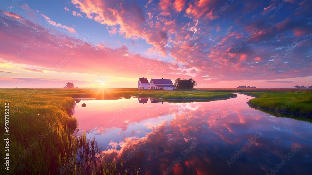 Dawn over a wetland-encircled farm, with the sky transitioning from night to day, and reflections of the morning