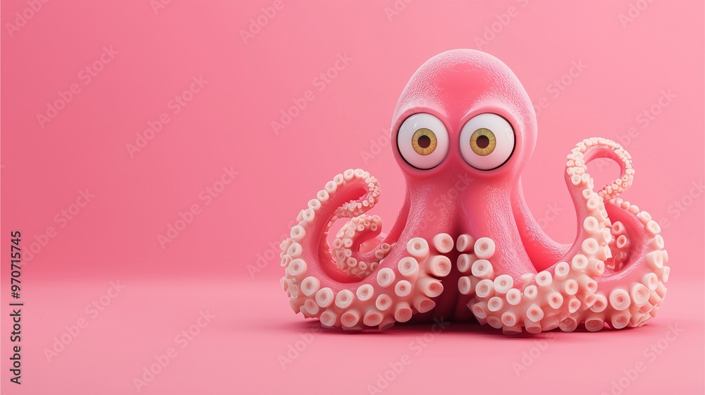 Pink octopus figurine with big eyes on matching pink background.
