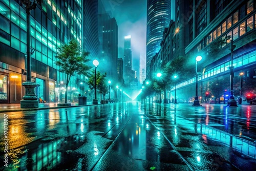 Vibrant Nocturne Urbancape Turquoise hues dance across reflective wet pavement amidst city lights and misty atmosphere, capturing the essence of a mystical night in the metropolis. photo