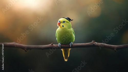 A vibrant green parrot perched on a branch, showcasing its colorful feathers against a soft blurred background. photo