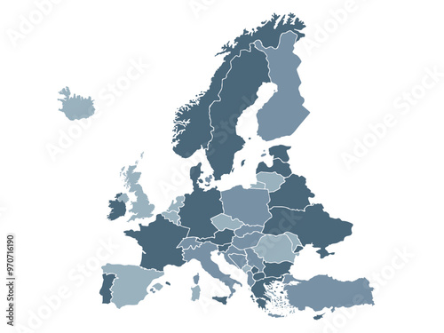 Cartoon pictures of Europe map on white background. All countries of the Europe in different colors. Can use for printing, website, presentation element, textile. Vector illustration.