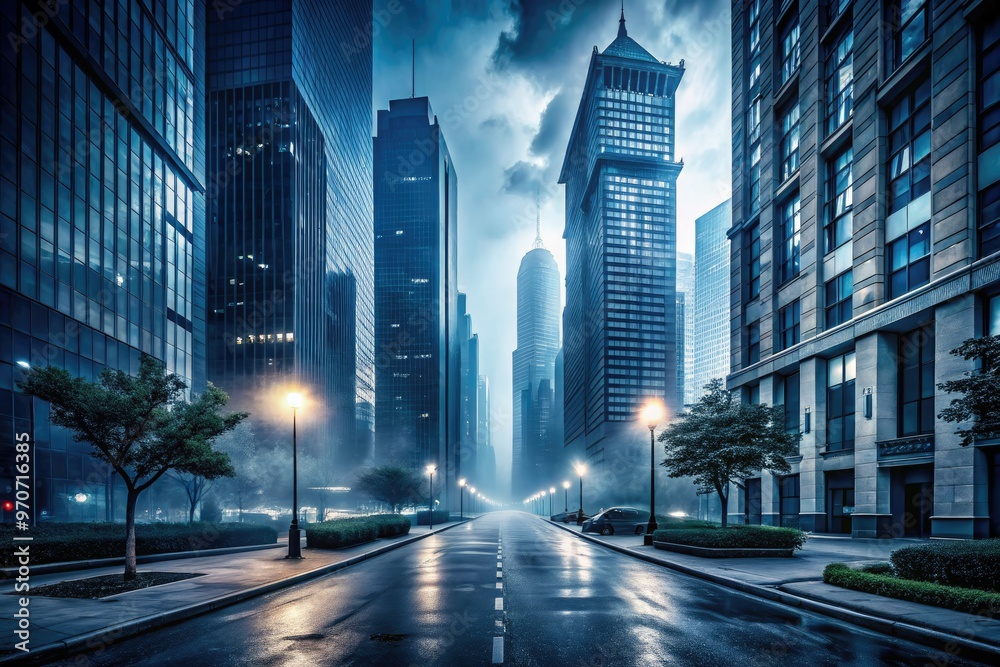 Fototapeta premium Dramatic, foggy cityscape with towering skyscrapers, empty streets, and eerie sidewalks, conveying mystery, isolation, and futuristic ambiance in cool, dark tones.