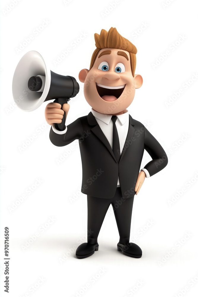 Happy Smiling 3D Cartoon Character Standing in Business Office Setting Holding Megaphone and Pointing Towards Empty Space, with White Background and Ample Copy Space for Text or Messages Happy Smiling 3D Cartoon Character Standing in Business Office Setting Holding Megaphone and Pointing Towards Empty Space, with White Background and Ample Copy Space for Text or Messages