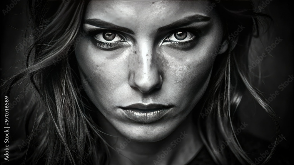 moody black and white close-up of a woman's face with intense gaze and strong features showcasing inner strength and resilience moody black and white close-up of a woman's face with intense gaze and strong features showcasing inner strength and resilience