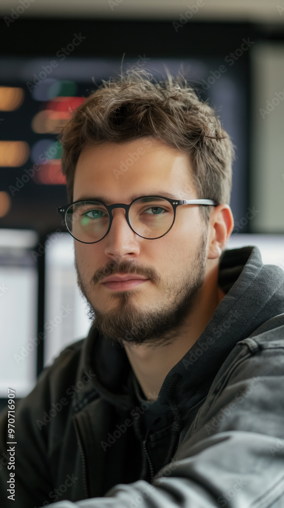 Young man with glasses and a beard looks thoughtfully at the camera in a tech environment, with soft lighting and computer monitors in the background. Young man with glasses and a beard looks thoughtfully at the camera in a tech environment, with soft lighting and computer monitors in the background.