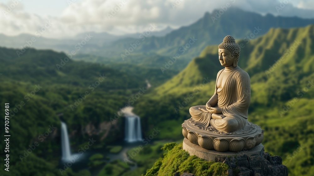 Peaceful Buddha statue amidst lush mountains and flowing waterfalls, evoking tranquility in a serene landscape.