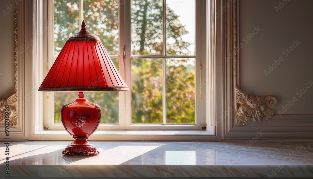 Sunlit Windowsill with a Red Ornate Table Lamp and a Vase of Green Foliage, Casting Shadows on a Marble Surface, Bathed in Warm Natural Light from the Afternoon Sun Sunlit Windowsill with a Red Ornate Table Lamp and a Vase of Green Foliage, Casting Shadows on a Marble Surface, Bathed in Warm Natural Light from the Afternoon Sun
