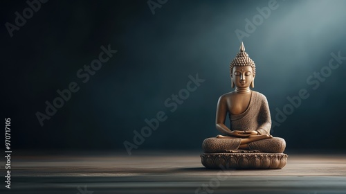 Serene Buddha statue illuminated by soft light, symbolizing peace, meditation, and spirituality in a tranquil setting. photo