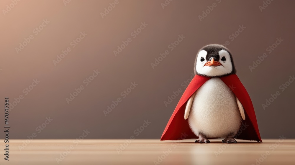 Obraz premium A charming penguin wearing a red cape stands confidently on a wooden surface against a neutral background.