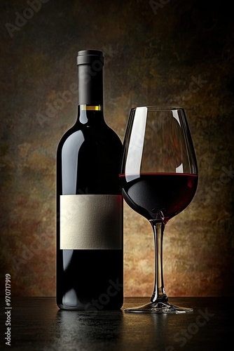 Red wine bottle and the glass on dark moody background. Mockup with blank label. Generative Ai photo