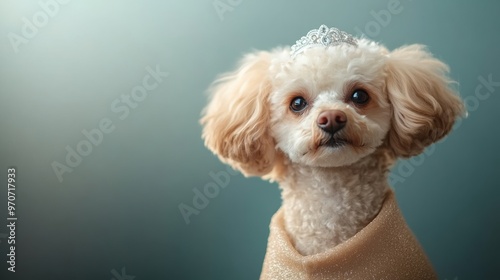 A cute dog wearing a sparkling tiara, showcasing elegance and charm against a soft background. photo