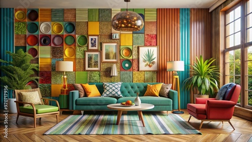 retro funky wall panel living room bold colors funky patterns vintage decorative pieces eclectic mix playful texture lively afternoon energy