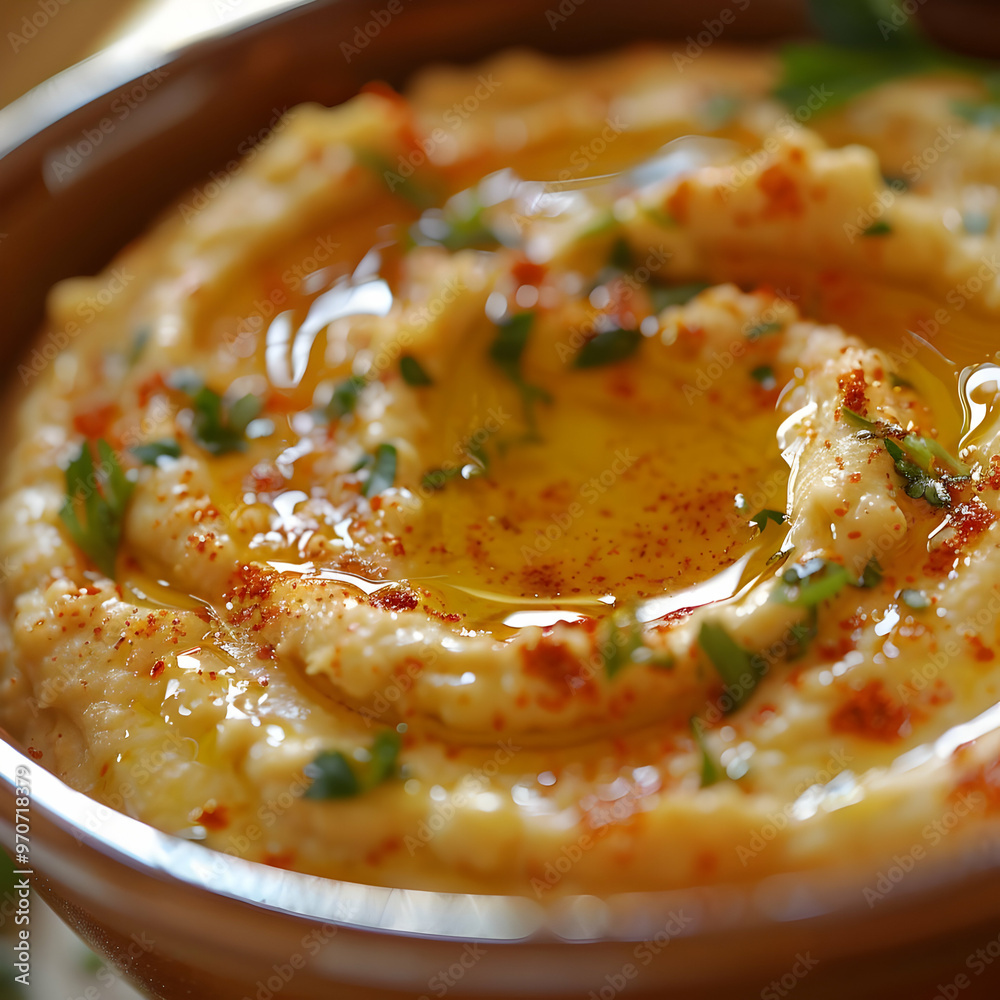 Photo - Fresh Hummus with Olive Oil and Paprika Garnish
