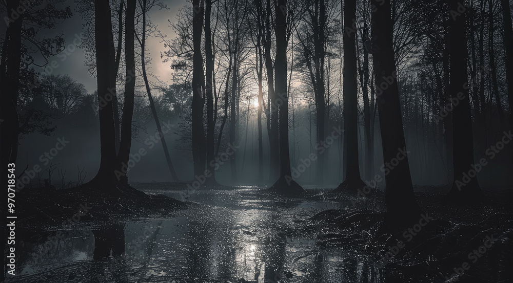 Magic dark night nature, sad ambience. Generative AI. Magic dark night nature, sad ambience. Generative AI.
