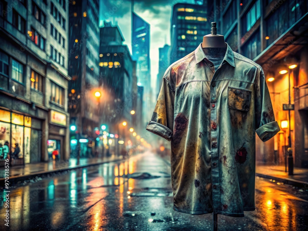 urban landscape gritty concrete jungle worn shirt faded tagline abstract graffiti street art rainy nighttime city streets moody atmosphere