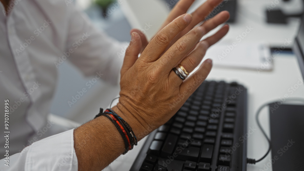 Man clapping hands at office workplace keyboard showing mature person wearing rings and bracelets working indoors Man clapping hands at office workplace keyboard showing mature person wearing rings and bracelets working indoors