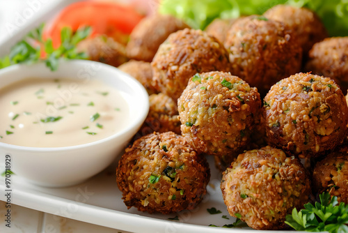 Photo of Crispy Falafel Balls with Tahini Sauce, Tomatoes, and Parsley