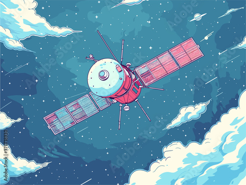 Satellite Connection: Satellite Transmitting Data Signals to Earth, Illustrative Vector