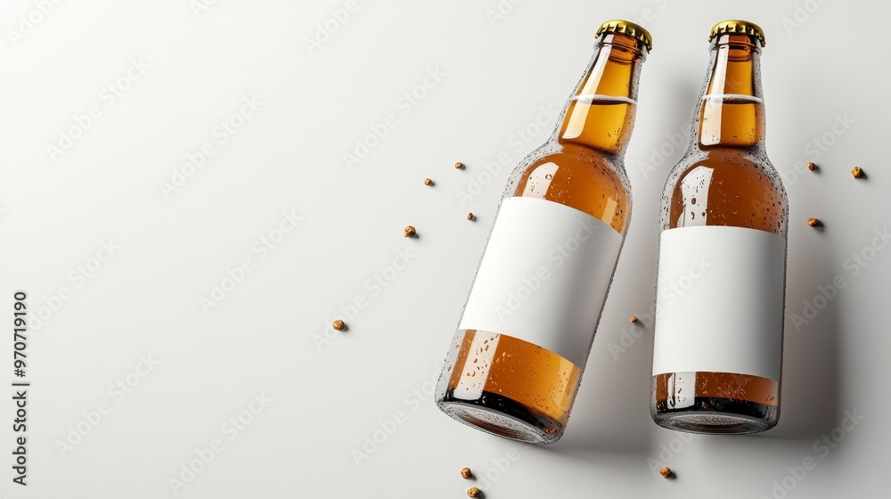 Two Beer Bottles with Blank Labels and Dew Generative AI Two Beer Bottles with Blank Labels and Dew Generative AI