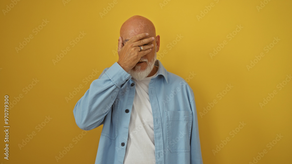 Man with grey hair and beard in blue shirt covering face with hand, standing against a vibrant yellow background