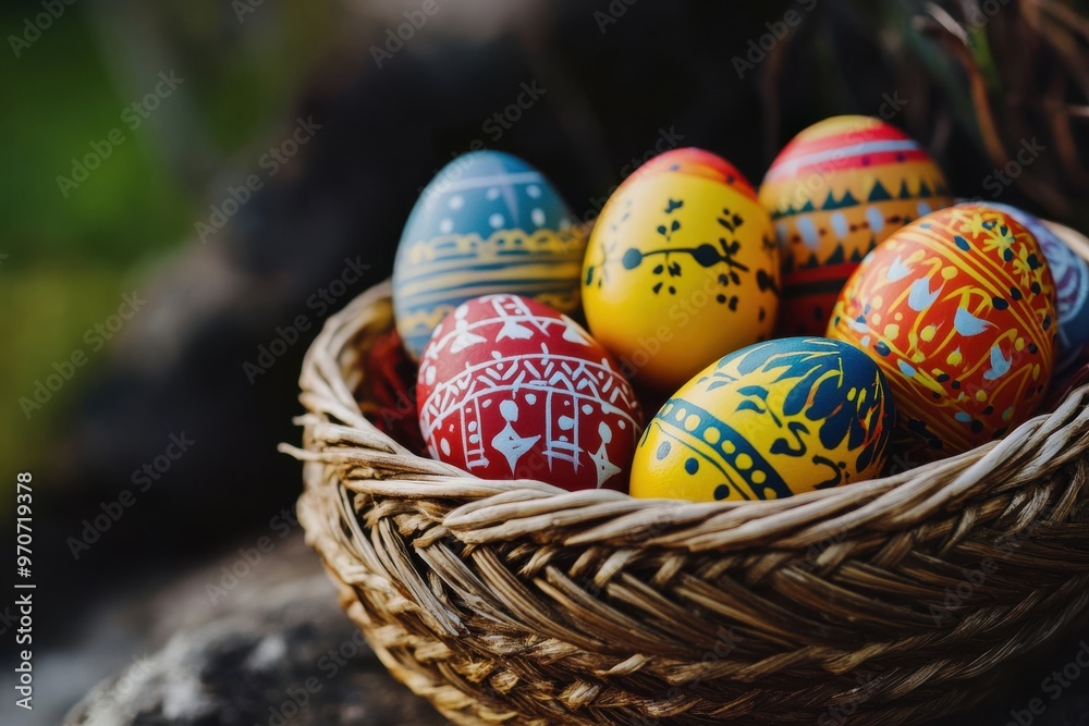 Fototapeta premium Vibrant easter eggs resting in a handcrafted wicker basket