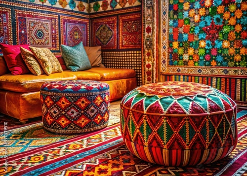 moroccan-inspired icon pouf amidst vibrant textiles, colorful tiles, intricate patterns, warm spices, exotic ambiance